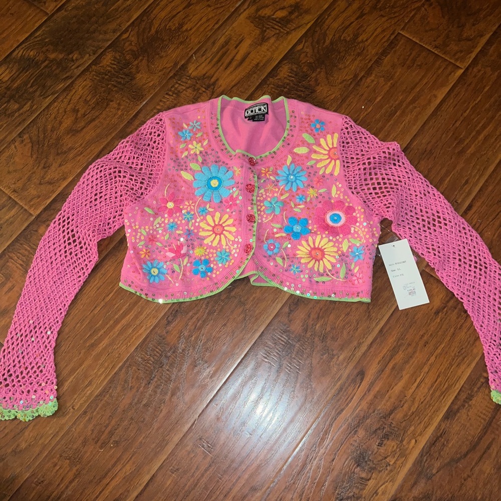 Vntg Berek 2 Takako Sakon Sweater Floral Sequin Embroidered Crochet Grandma xl